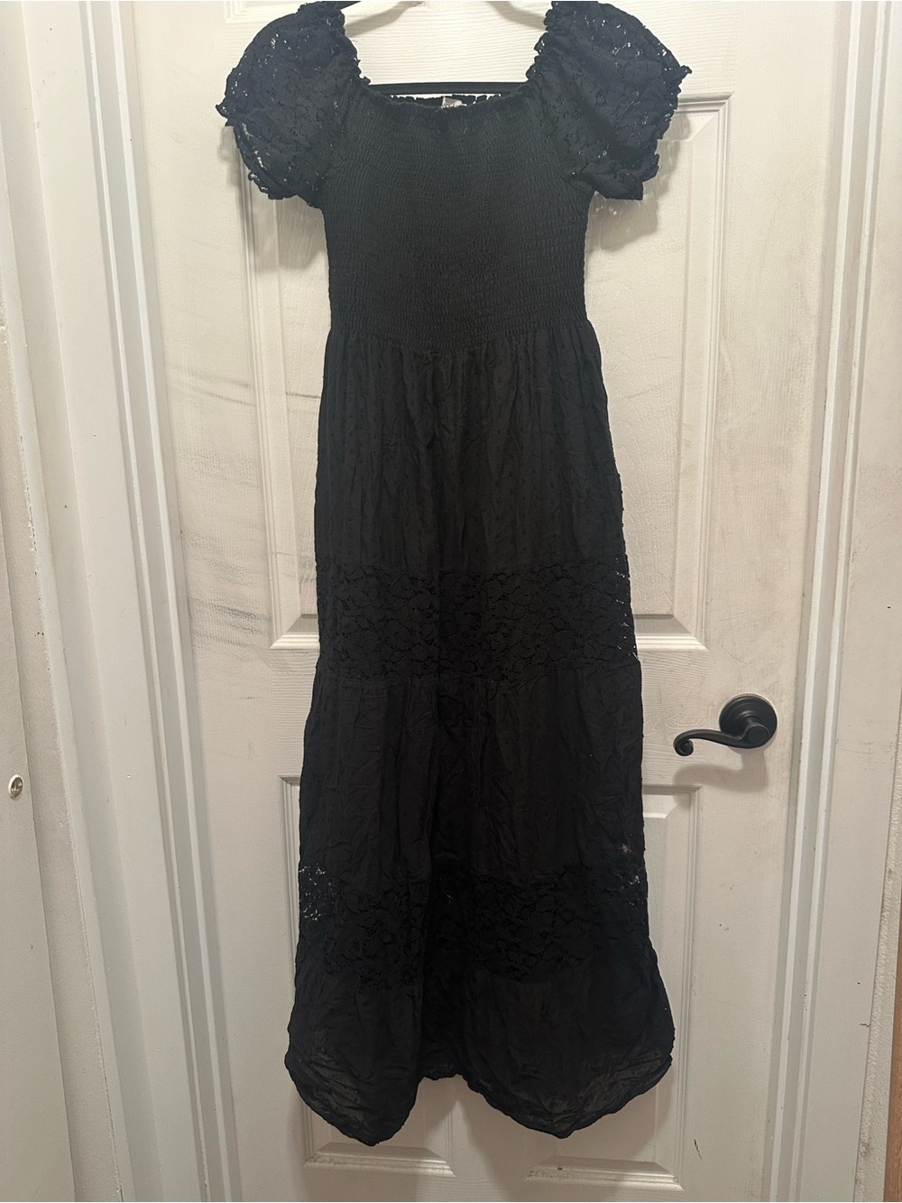 Black Lace Off Shoulder Smocked Maxi Dress with Puff Sleeves and Tiered Skirt XL